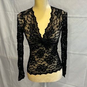 Karen Kane Vintage Stretchy Black Lace 3/4 Sleeve Top size S Small Medium